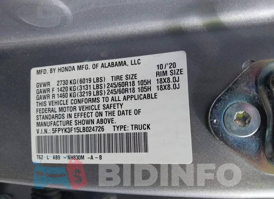 5FPYK3F15LB024726 Photo# 9