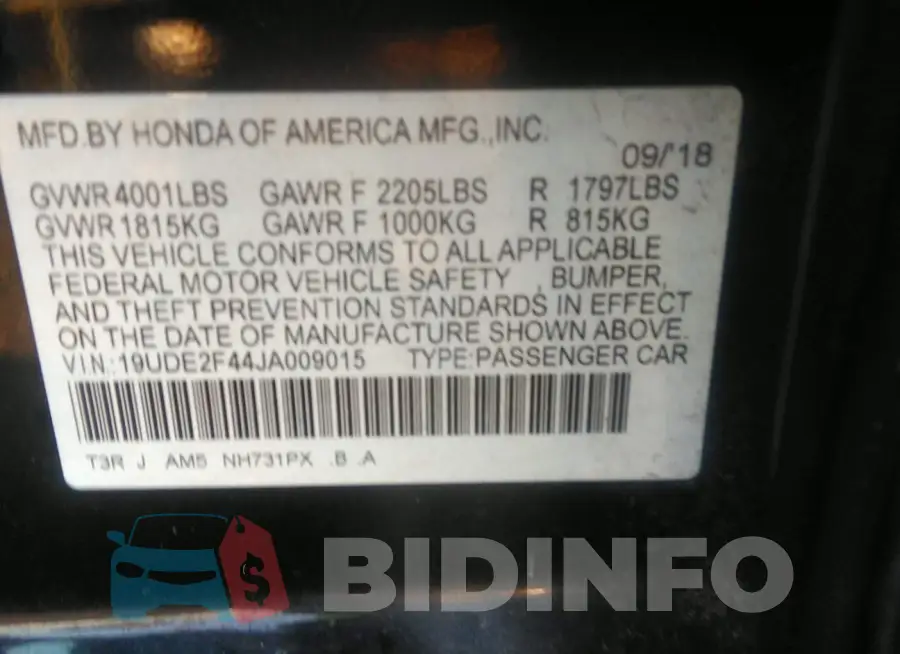 19UDE2F44JA009015 Photo# 9