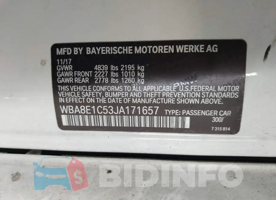 WBA8E1C53JA171657 Photo# 9