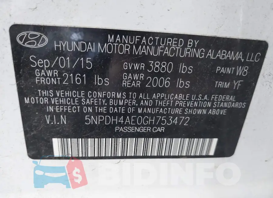 5NPDH4AE0GH753472 Photo# 9