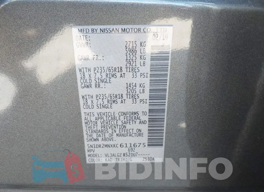 5N1DR2MNXKC611675 Photo# 9
