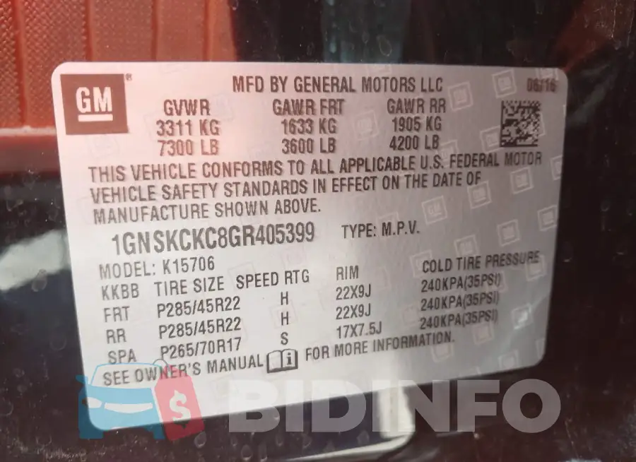 1GNSKCKC8GR405399 Photo# 9