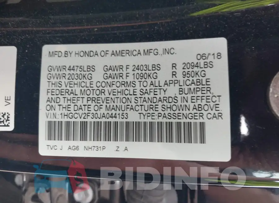 1HGCV2F30JA044153 Photo# 9