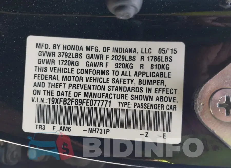 19XFB2F89FE077771 Photo# 9