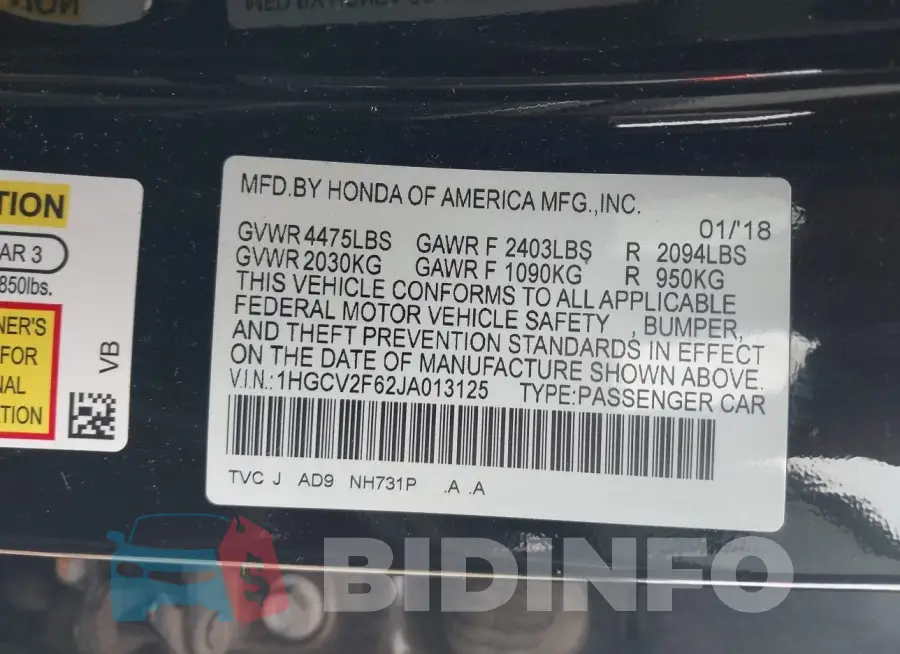 1HGCV2F62JA013125 Photo# 9