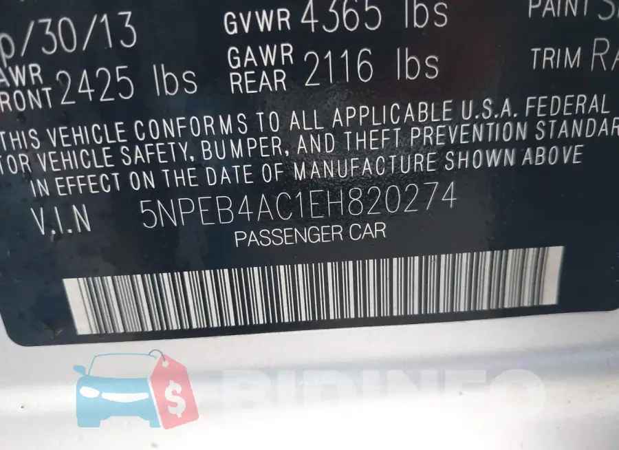 5NPEB4AC1EH820274 Photo# 9