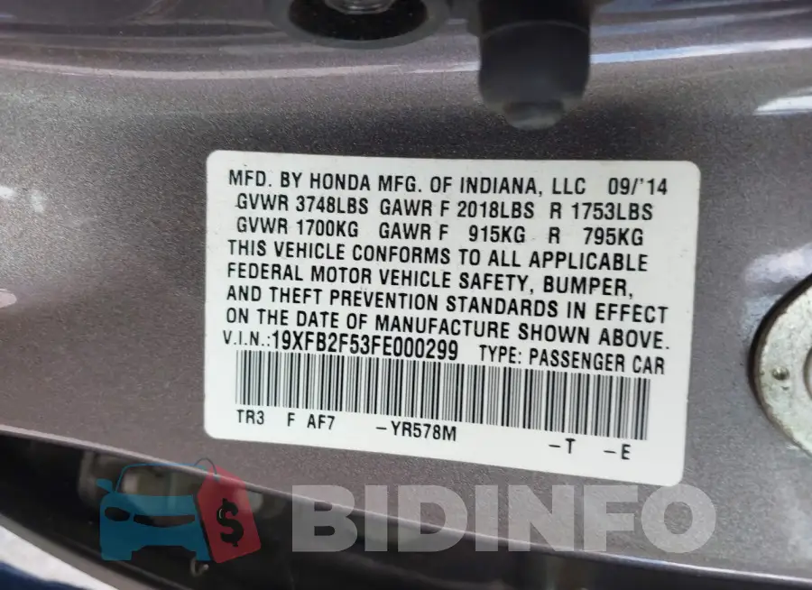 19XFB2F53FE000299 Photo# 9