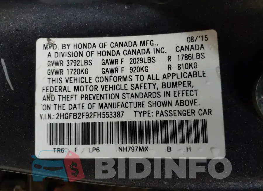 2HGFB2F92FH553387 Photo# 9