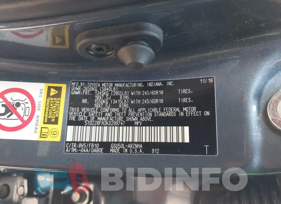 5TDZZRFH2KS299747 Photo# 9