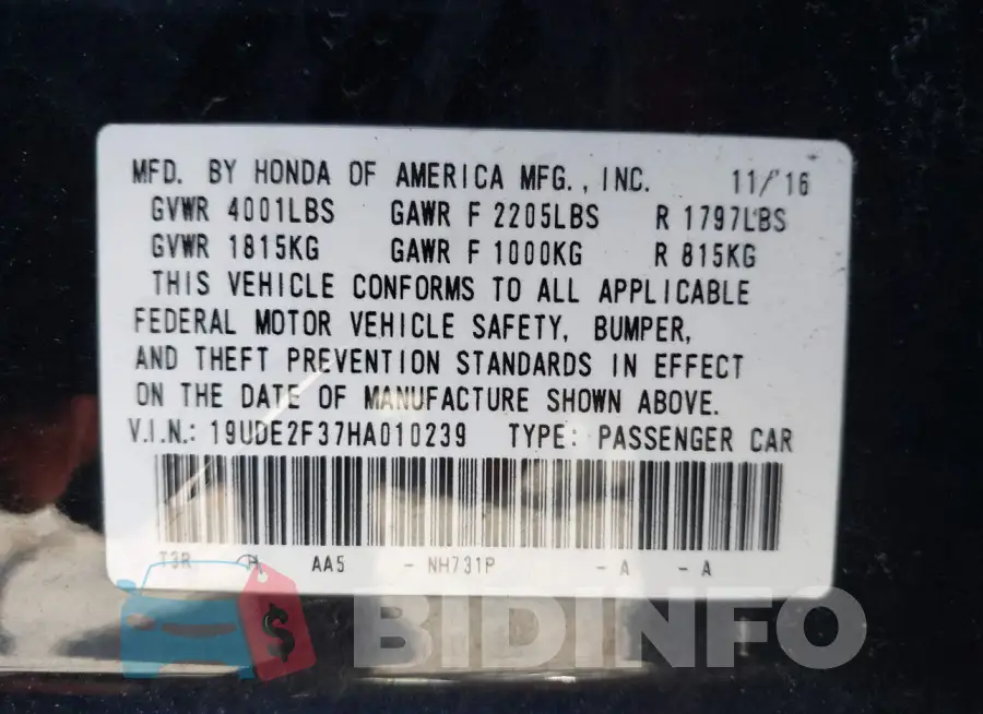 19UDE2F37HA010239 Photo# 9