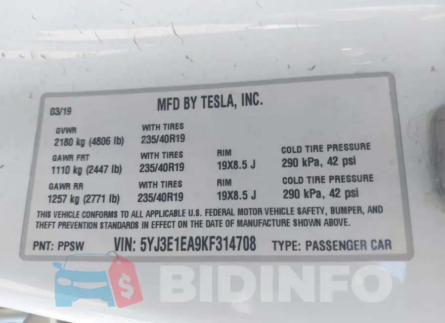 5YJ3E1EA9KF314708 Photo# 9