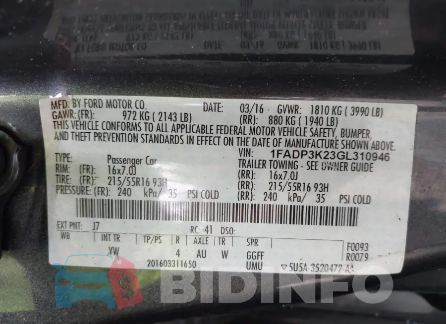 1FADP3K23GL310946 Photo# 9