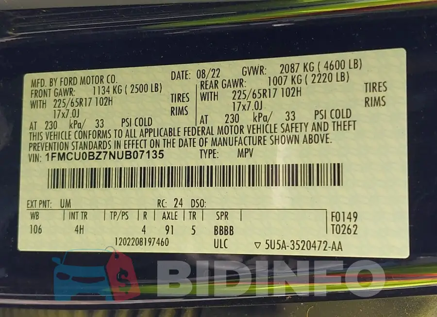 1FMCU0BZ7NUB07135 Photo# 9