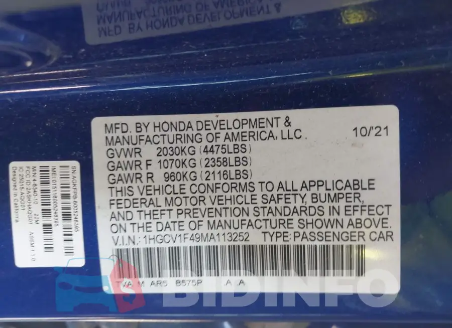 1HGCV1F49MA113252 Photo# 9