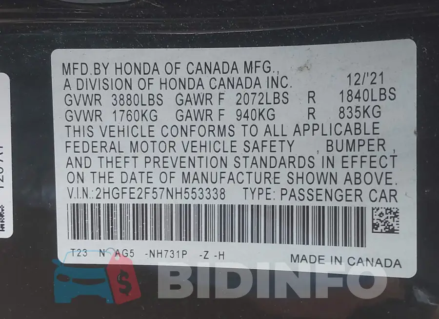 2HGFE2F57NH553338 Photo# 9