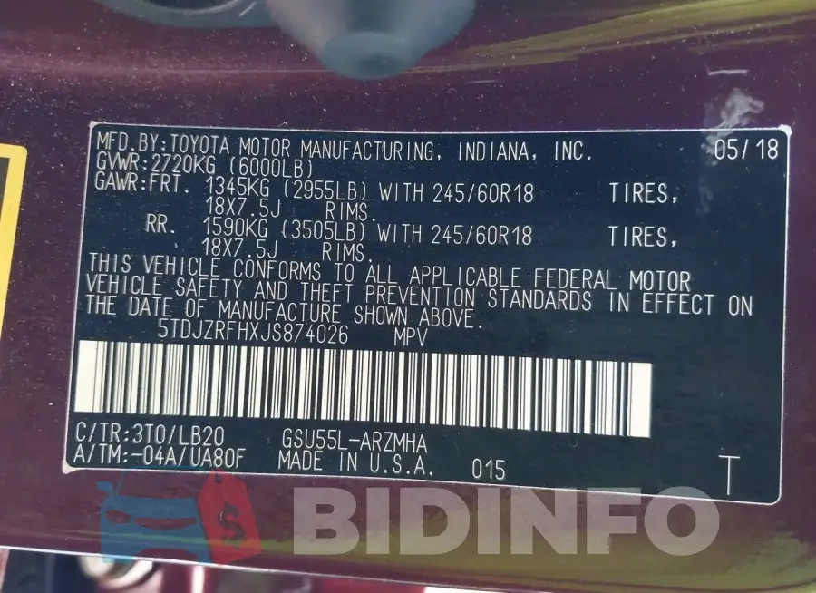 5TDJZRFHXJS874026 Photo# 9