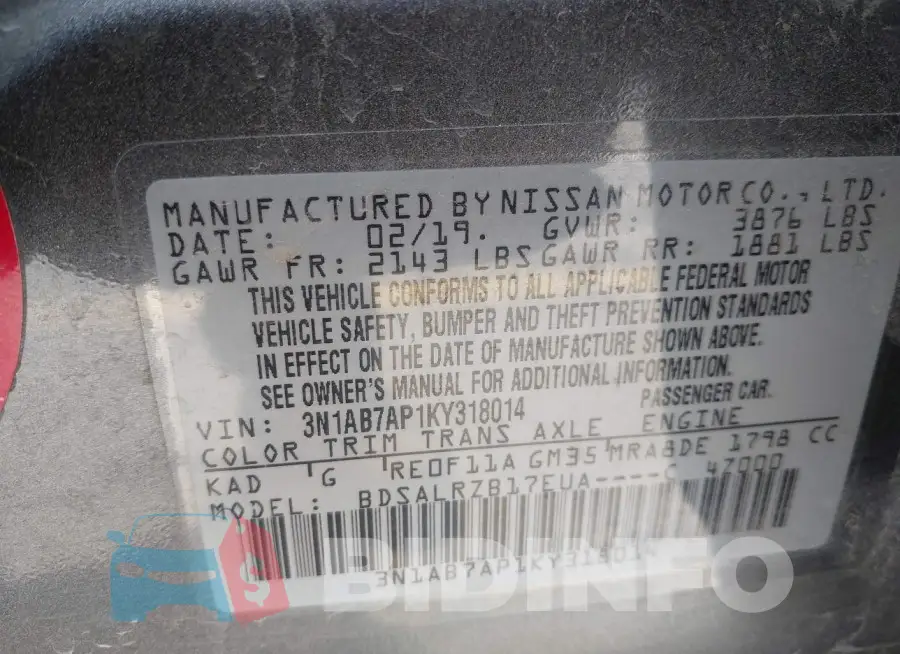 3N1AB7AP1KY318014 Photo# 9