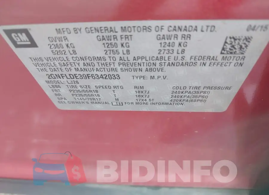 2GNFLDE39F6342033 Photo# 9