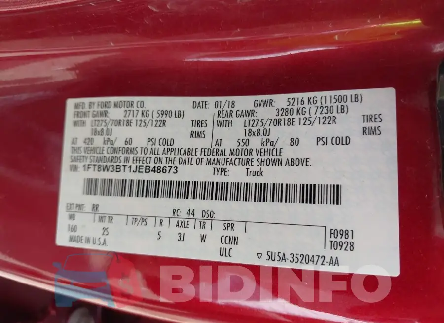 1FT8W3BT1JEB48673 Photo# 9