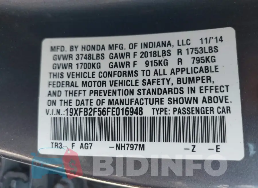 19XFB2F56FE016948 Photo# 9