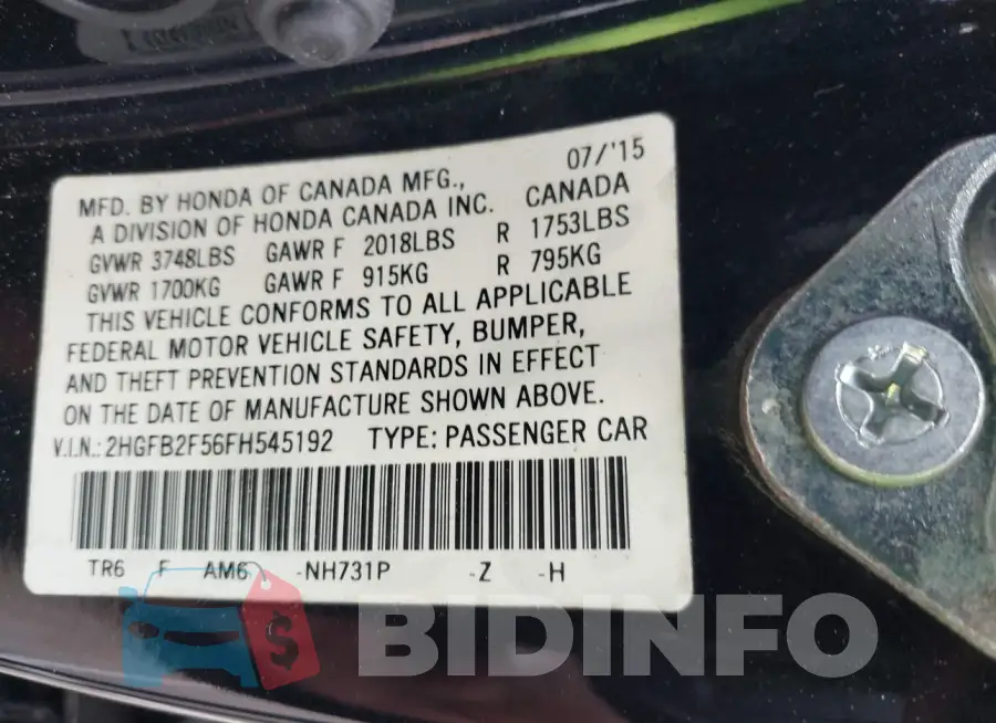 2HGFB2F56FH545192 Photo# 9