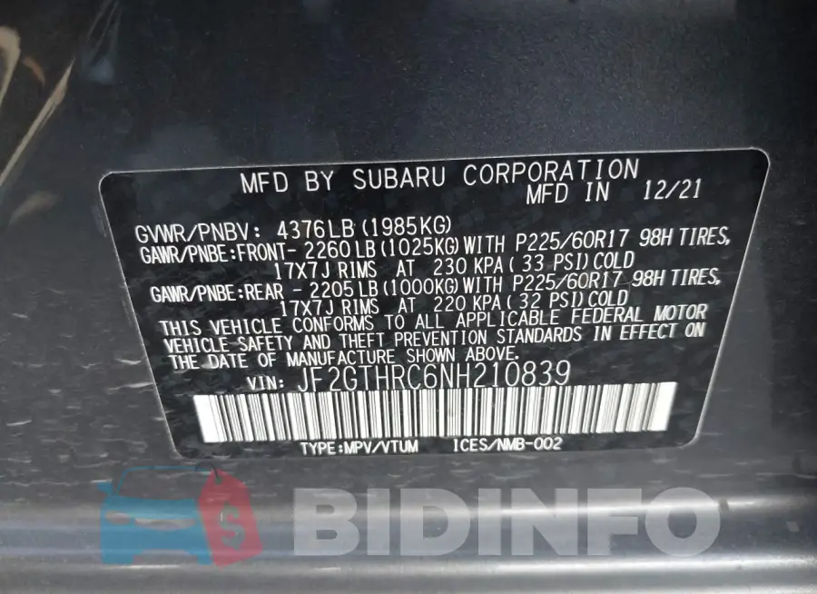 JF2GTHRC6NH210839 Photo# 9