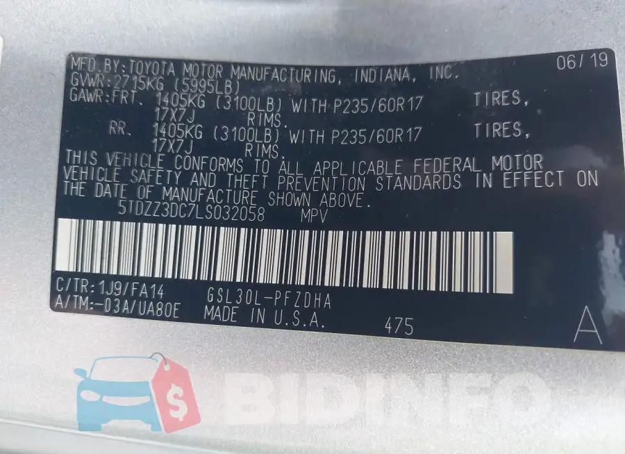 5TDZZ3DC7LS032058 Photo# 9