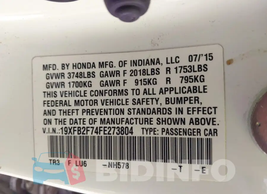 19XFB2F74FE273804 Photo# 9
