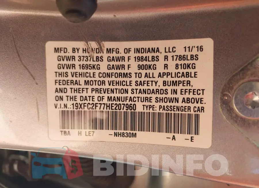 19XFC2F77HE207960 Photo# 9