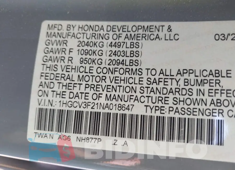 1HGCV3F21NA018647 Photo# 9