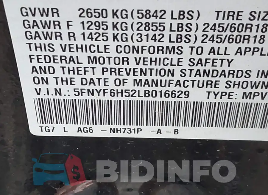5FNYF6H52LB016629 Photo# 9