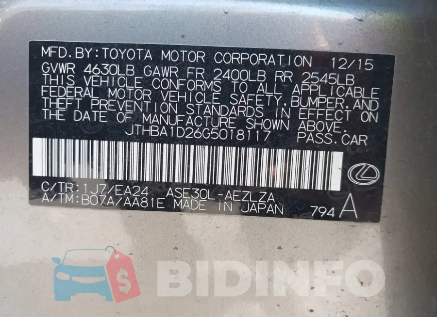 JTHBA1D26G5018117 Photo# 9