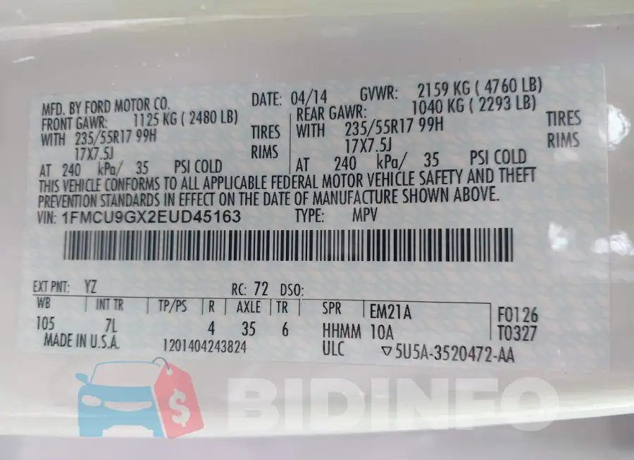 1FMCU9GX2EUD45163 Photo# 9