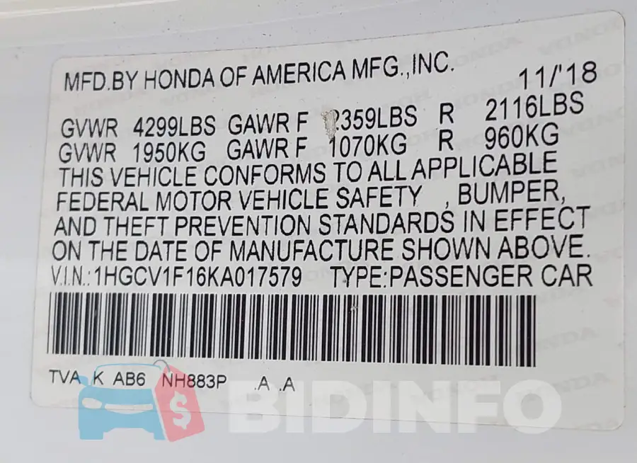 1HGCV1F16KA017579 Photo# 9