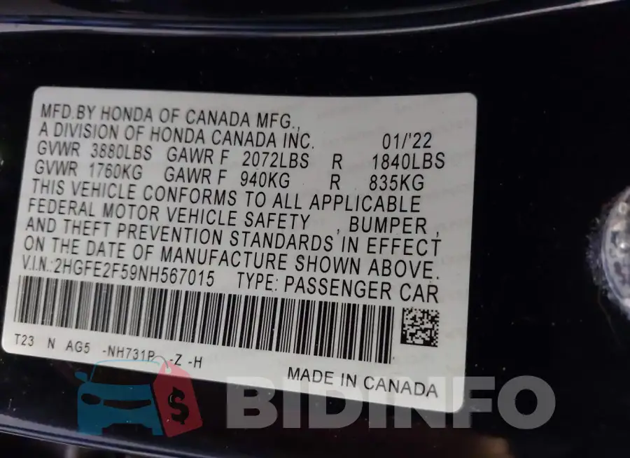 2HGFE2F59NH567015 Photo# 9