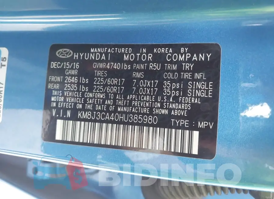 KM8J3CA40HU385980 Photo# 9