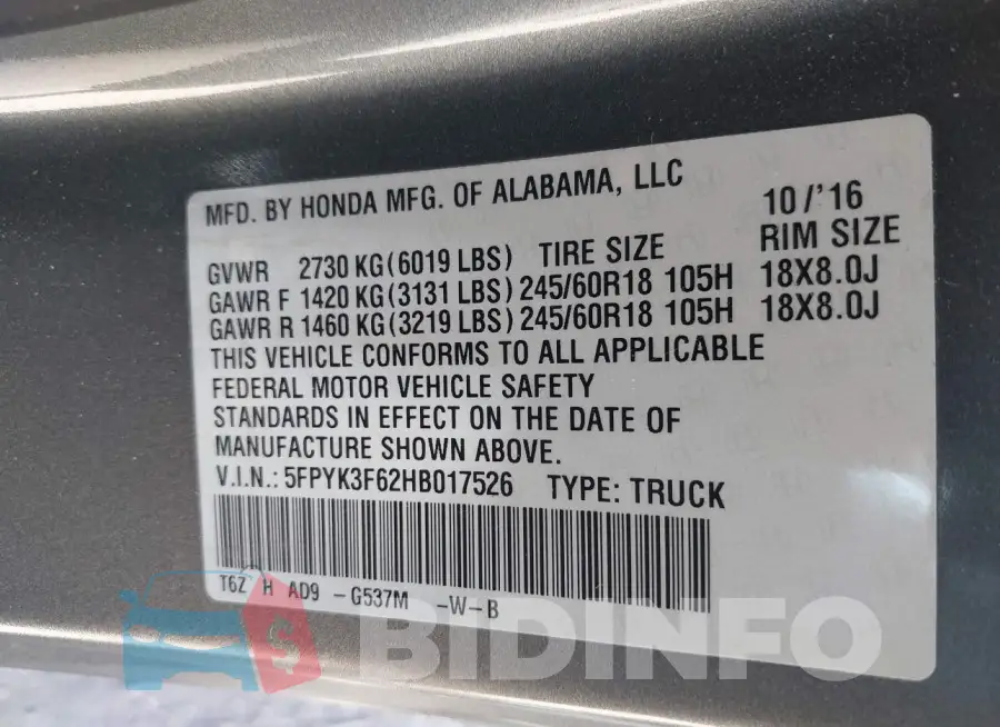 5FPYK3F62HB017526 Photo# 9