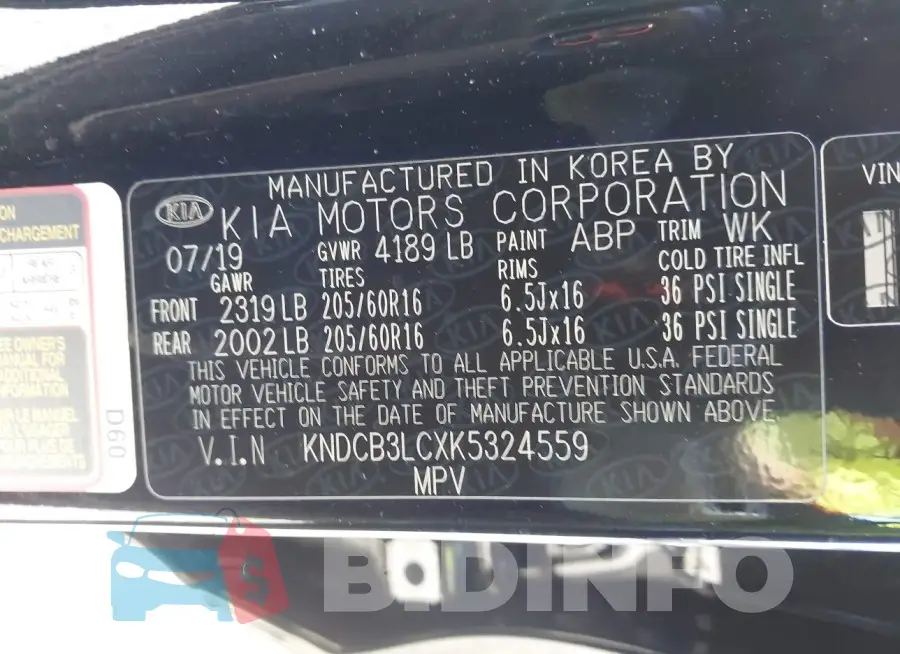 KNDCB3LCXK5324559 Photo# 9