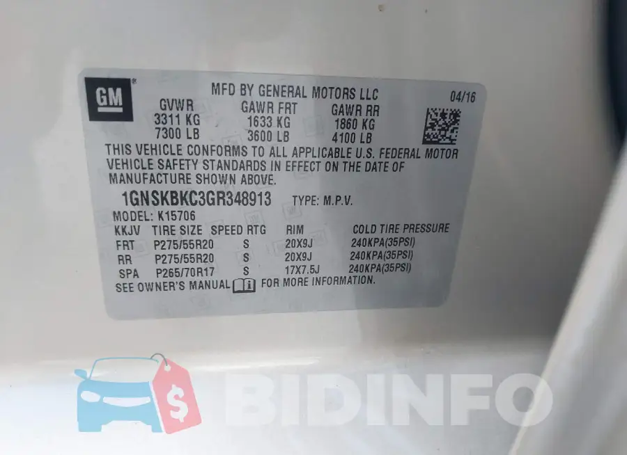 1GNSKBKC3GR348913 Photo# 9