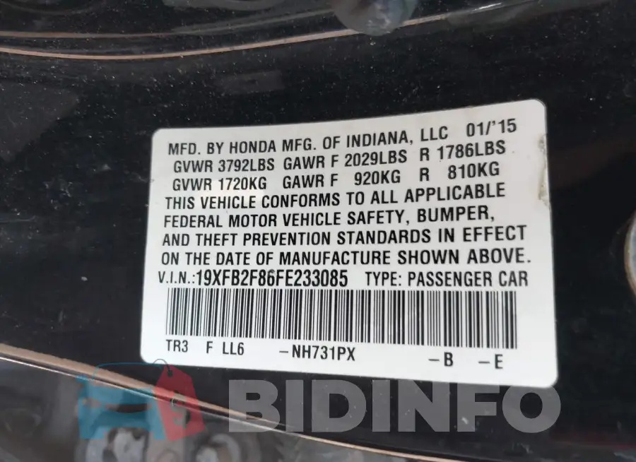 19XFB2F86FE233085 Photo# 9
