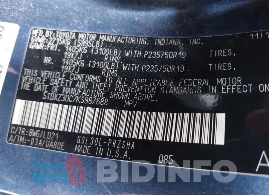 5TDXZ3DC7KS987688 Photo# 9