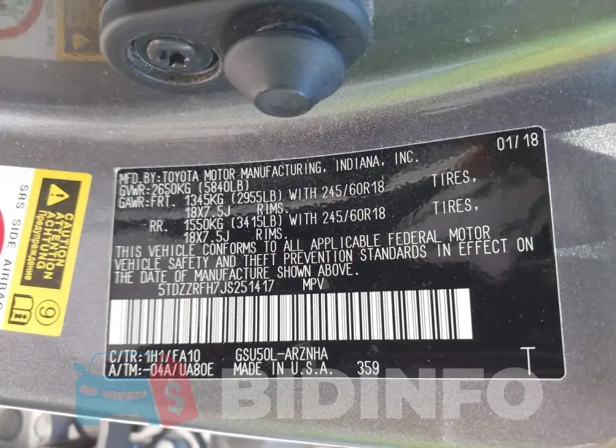 5TDZZRFH7JS251417 Photo# 9