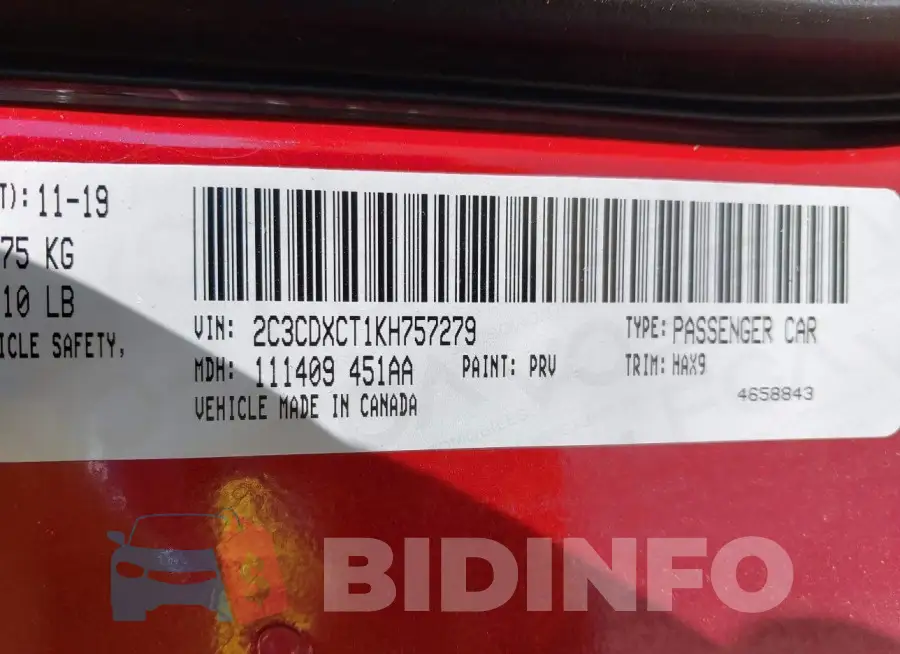 2C3CDXCT1KH757279 Photo# 9