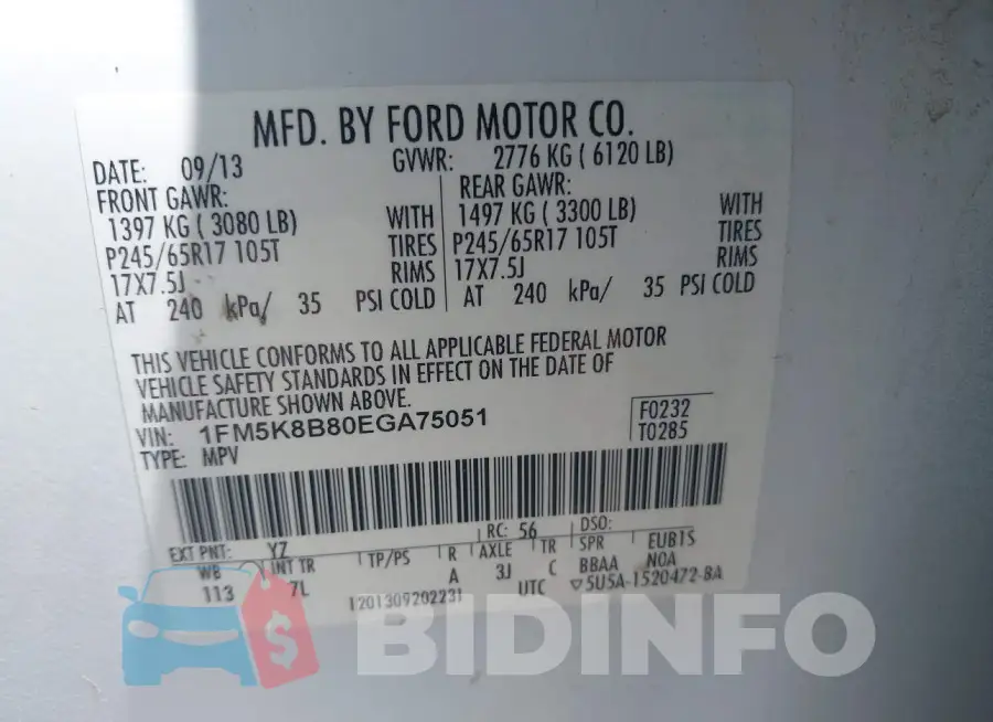 1FM5K8B80EGA75051 Photo# 9