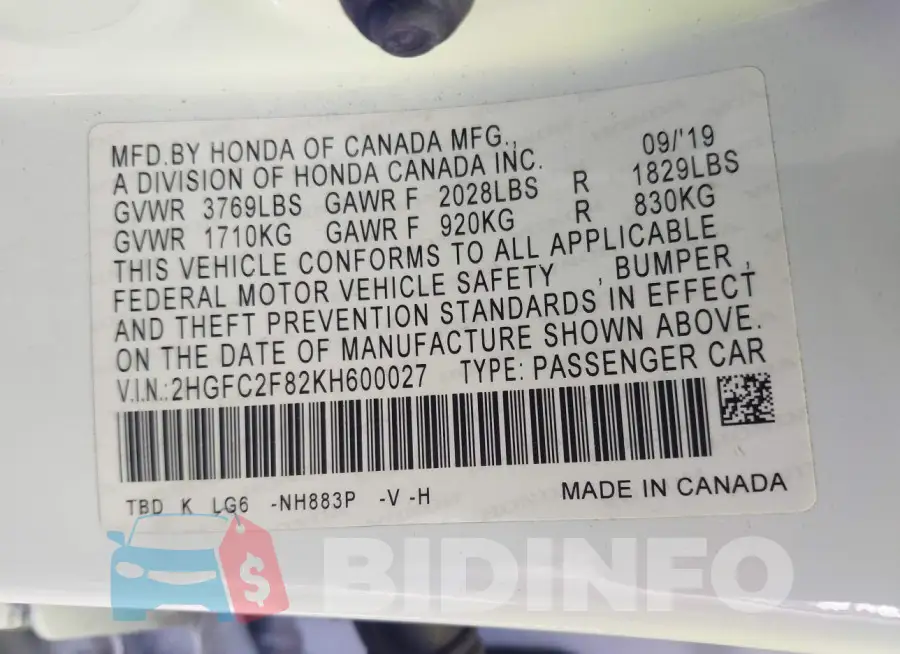 2HGFC2F82KH600027 Photo# 9