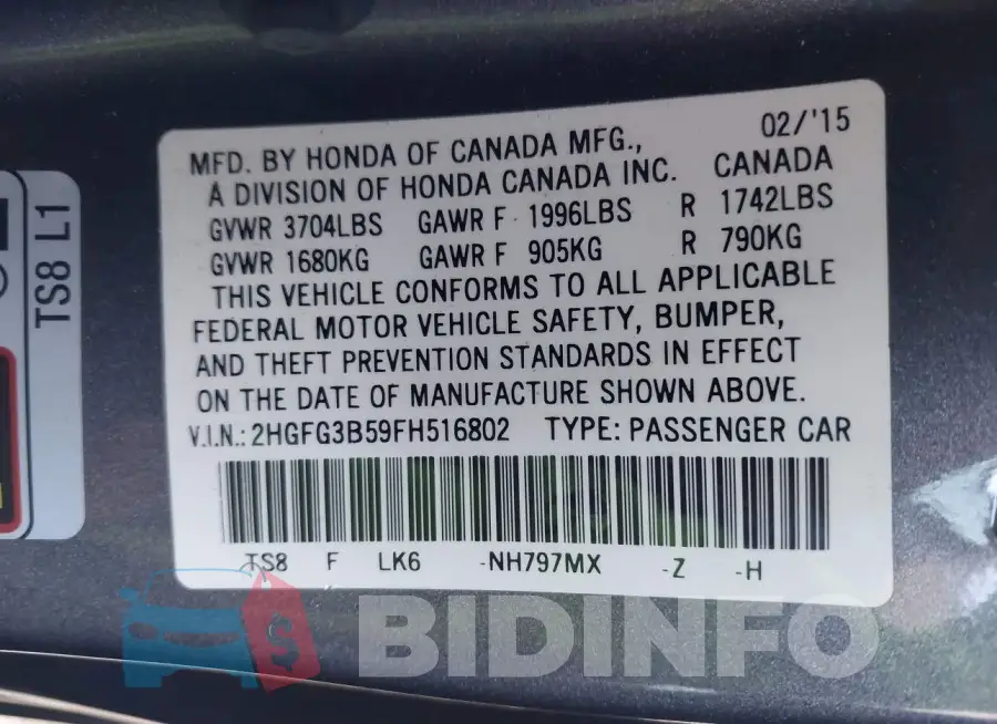 2HGFG3B59FH516802 Photo# 9