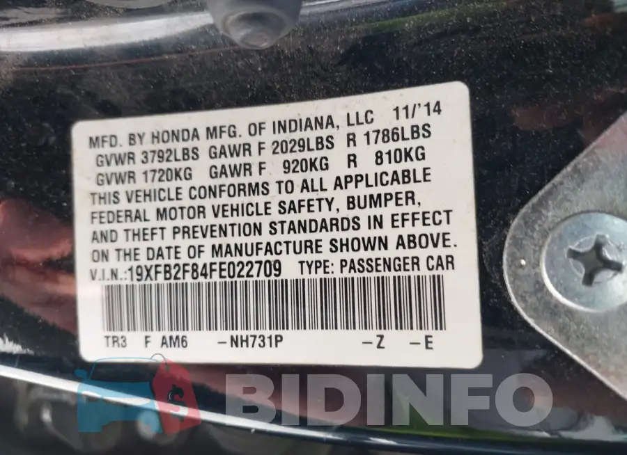 19XFB2F84FE022709 Photo# 9