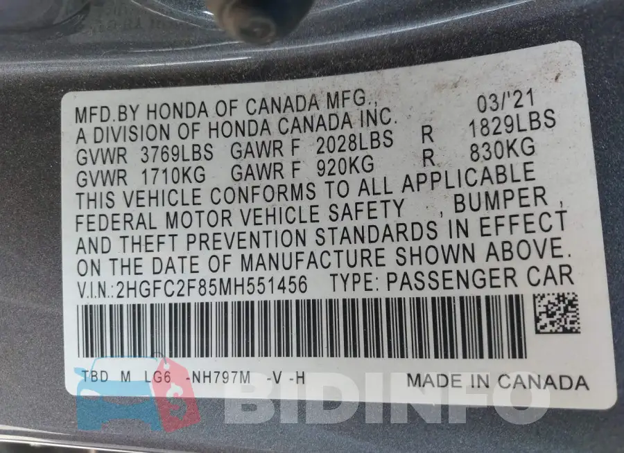 2HGFC2F85MH551456 Photo# 9