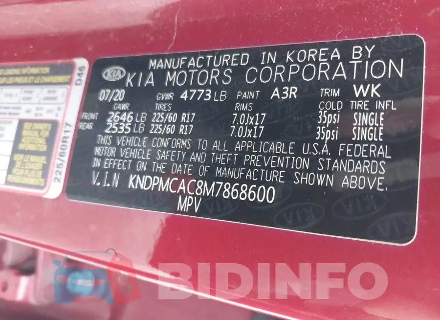 KNDPMCAC8M7868600 Photo# 9