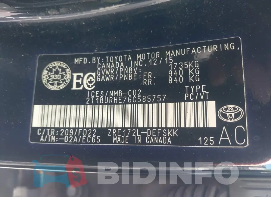 2T1BURHE7GC585757 Photo# 9
